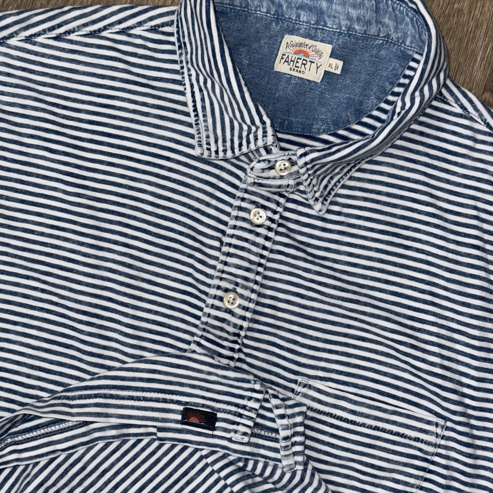 Faherty Sunwashed Striped Polo Men's XL Blue White Organic Cotton Stretch